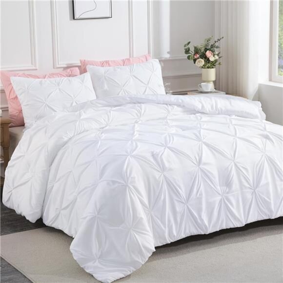 White Queen Comforter Set(90x90Inch),3 Pieces Cute Pinch Pleat Bedding Comforter - Picture 1 of 7